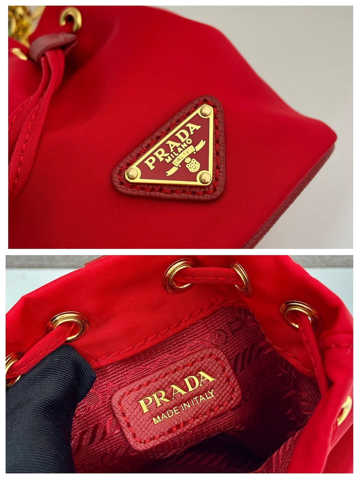 Prada Mini Bucket Bag 10 in Red Re-Nylon and Saffiano Leather Strap