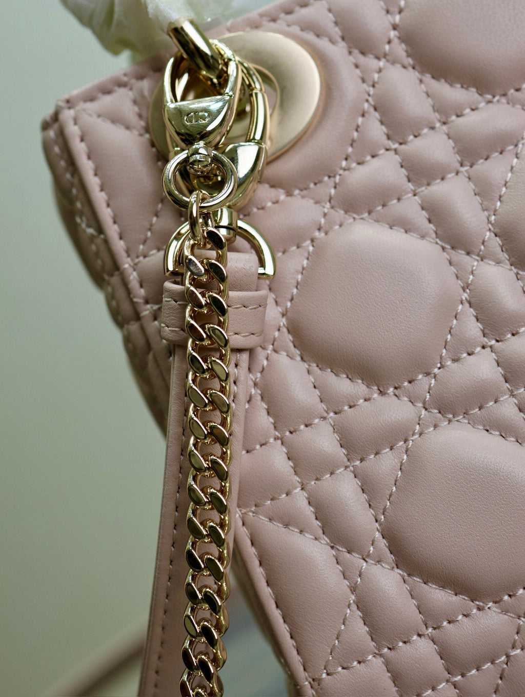 Dior Mini Lady Bag 17 in Baby Pink Quilted Macrocannage Calfskin Swamp Yellow Strap