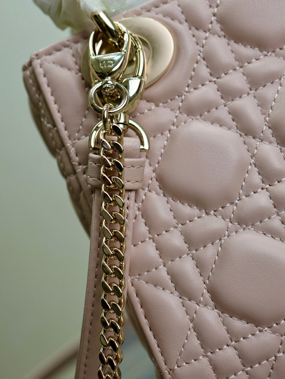 Dior Mini Lady Bag 17 in Baby Pink Quilted Macrocannage Calfskin Swamp Yellow Strap