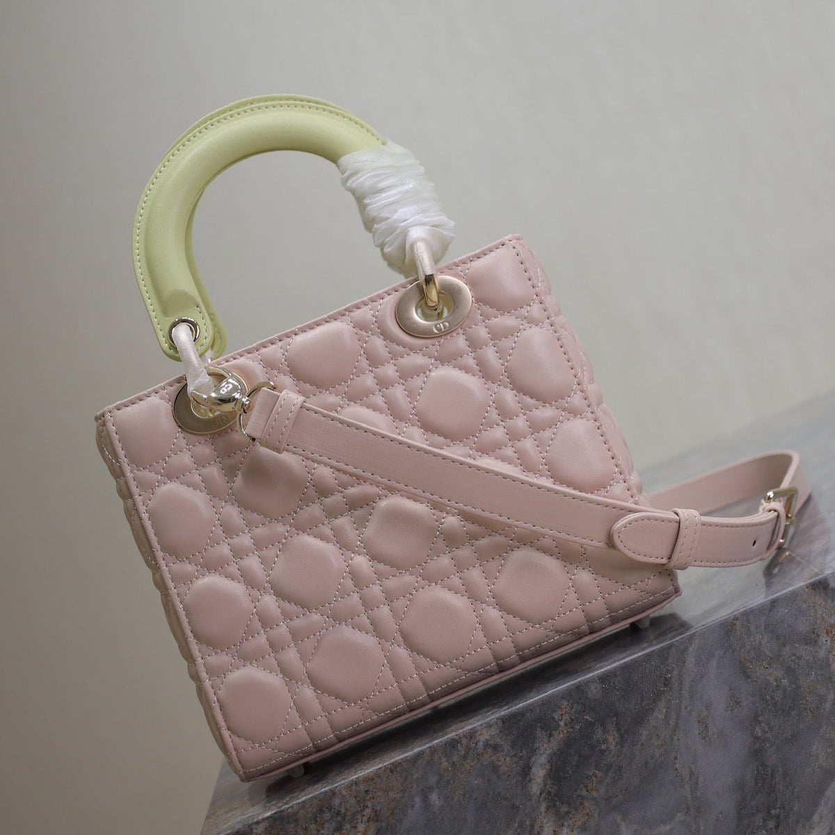 Dior Medium Lady Bag 20 in Baby Pink Quilted Macrocannage Calfskin Swamp Yellow Strap