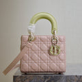 Dior Medium Lady Bag 20 in Baby Pink Quilted Macrocannage Calfskin Swamp Yellow Strap