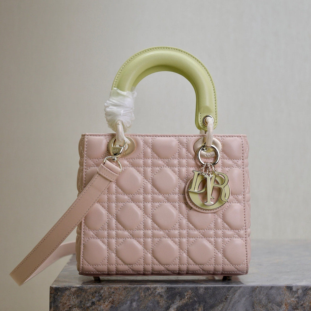 Dior Medium Lady Bag 20 in Baby Pink Quilted Macrocannage Calfskin Swamp Yellow Strap
