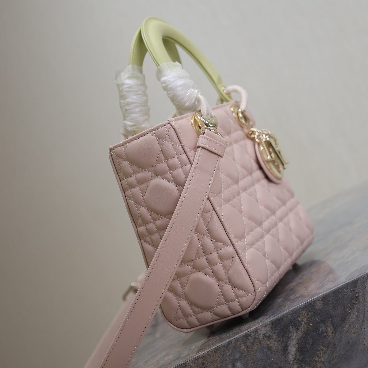 Dior Medium Lady Bag 20 in Baby Pink Quilted Macrocannage Calfskin Swamp Yellow Strap