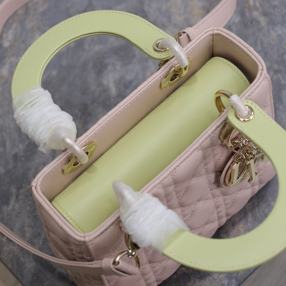 Dior Medium Lady Bag 20 in Baby Pink Quilted Macrocannage Calfskin Swamp Yellow Strap