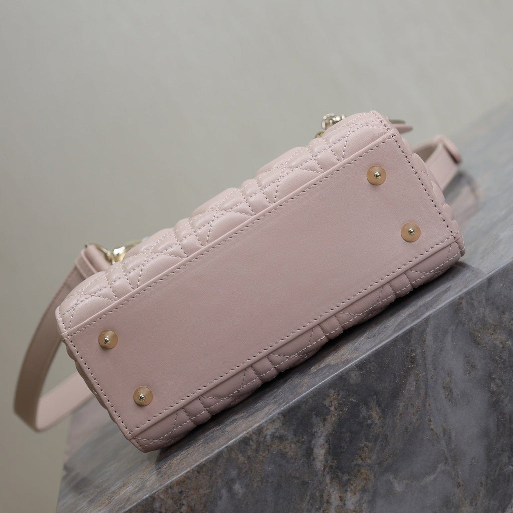 Dior Medium Lady Bag 20 in Baby Pink Quilted Macrocannage Calfskin Swamp Yellow Strap