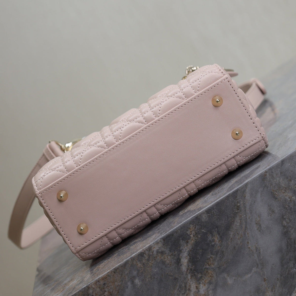 Dior Medium Lady Bag 20 in Baby Pink Quilted Macrocannage Calfskin Swamp Yellow Strap