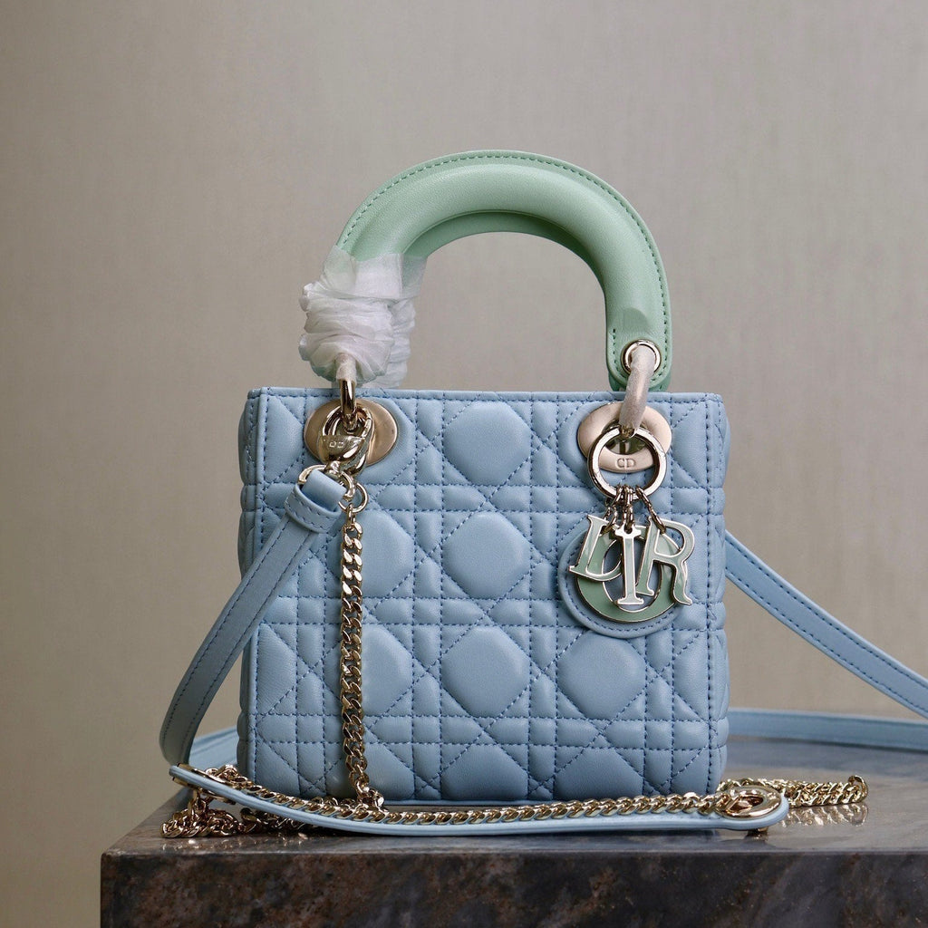 Dior Mini Lady Bag 17 in Baby Blue Quilted Macrocannage Calfskin Green Strap