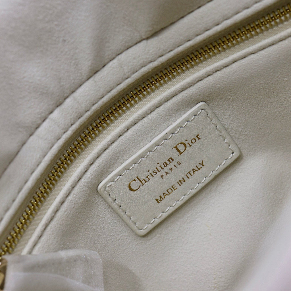 Dior Lady Bag 20 in White Quilted Macrocannage Calfskin Black Strap