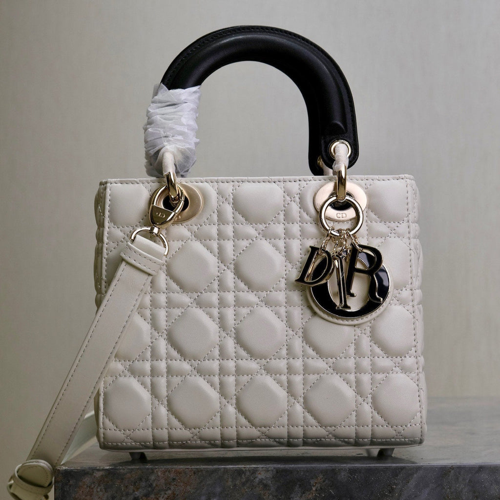 Dior Lady Bag 20 in White Quilted Macrocannage Calfskin Black Strap