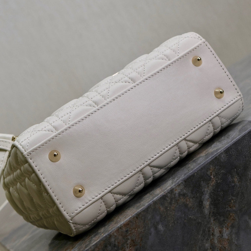 Dior Lady Bag 20 in White Quilted Macrocannage Calfskin Black Strap