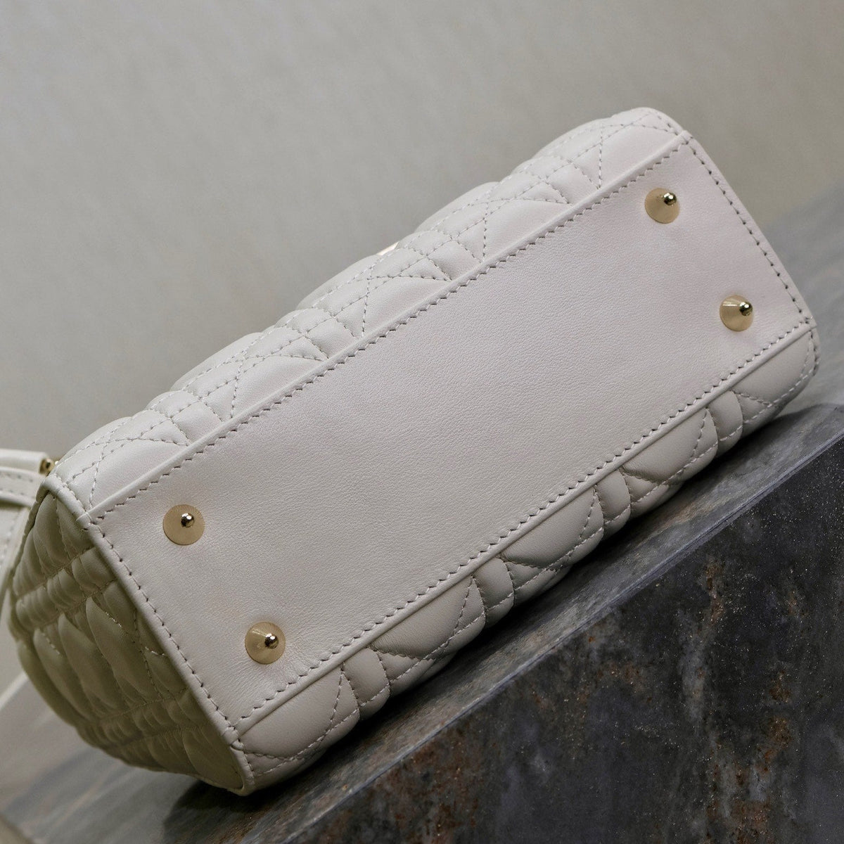 Dior Lady Bag 20 in White Quilted Macrocannage Calfskin Black Strap