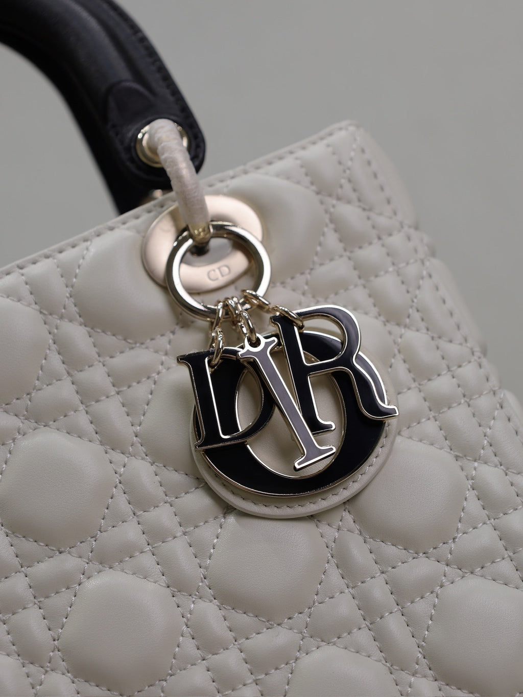 Dior Medium Lady Bag 24 in White Quilted Macrocannage Calfskin Black Strap