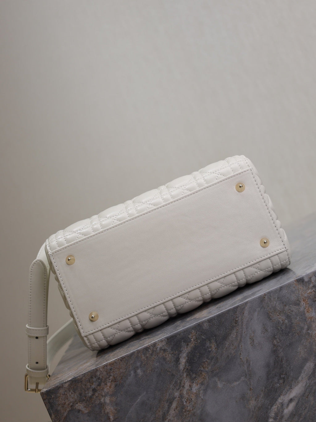 Dior Medium Lady Bag 24 in White Quilted Macrocannage Calfskin Black Strap