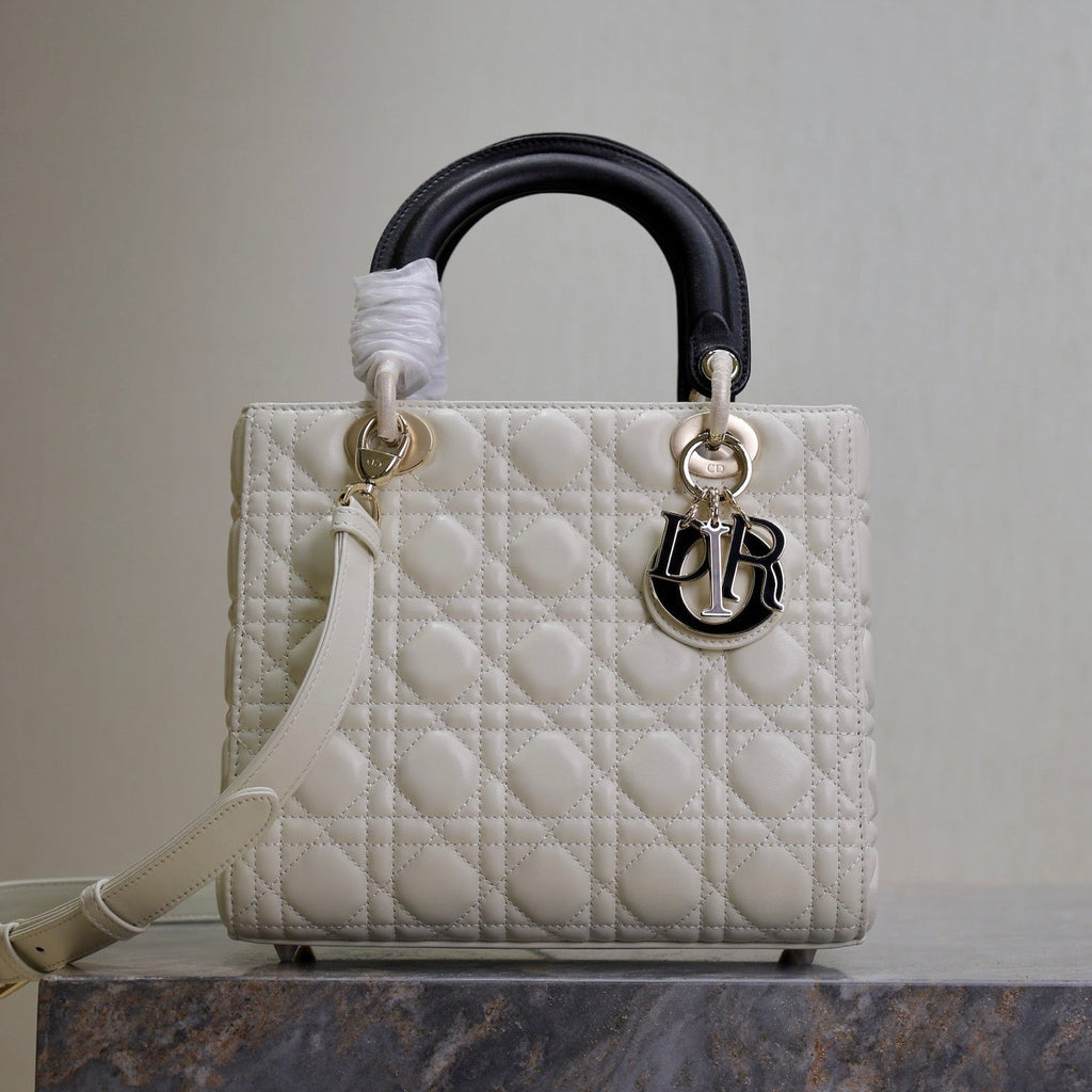 Dior Medium Lady Bag 24 in White Quilted Macrocannage Calfskin Black Strap