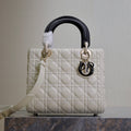 Dior Medium Lady Bag 24 in White Quilted Macrocannage Calfskin Black Strap