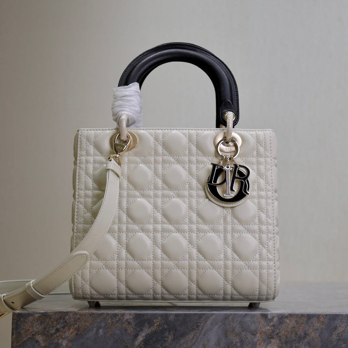 Dior Medium Lady Bag 24 in White Quilted Macrocannage Calfskin Black Strap
