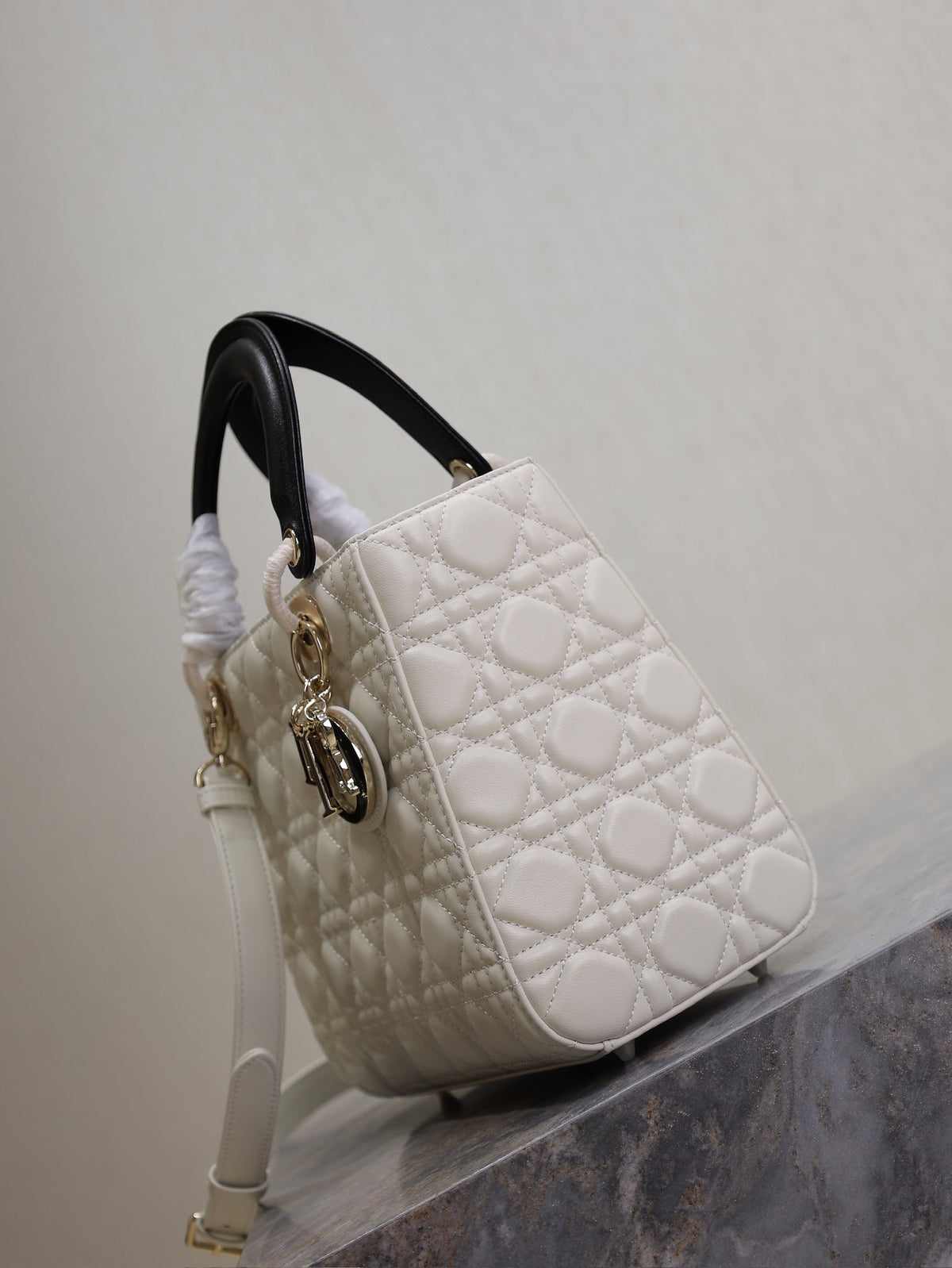 Dior Medium Lady Bag 24 in White Quilted Macrocannage Calfskin Black Strap
