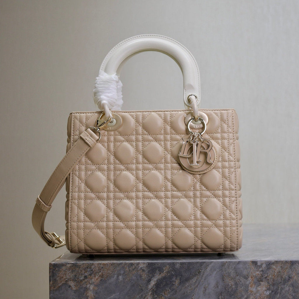 Dior Medium Lady Bag 24 in Powder Beige Quilted Macrocannage Calfskin Metal Charm