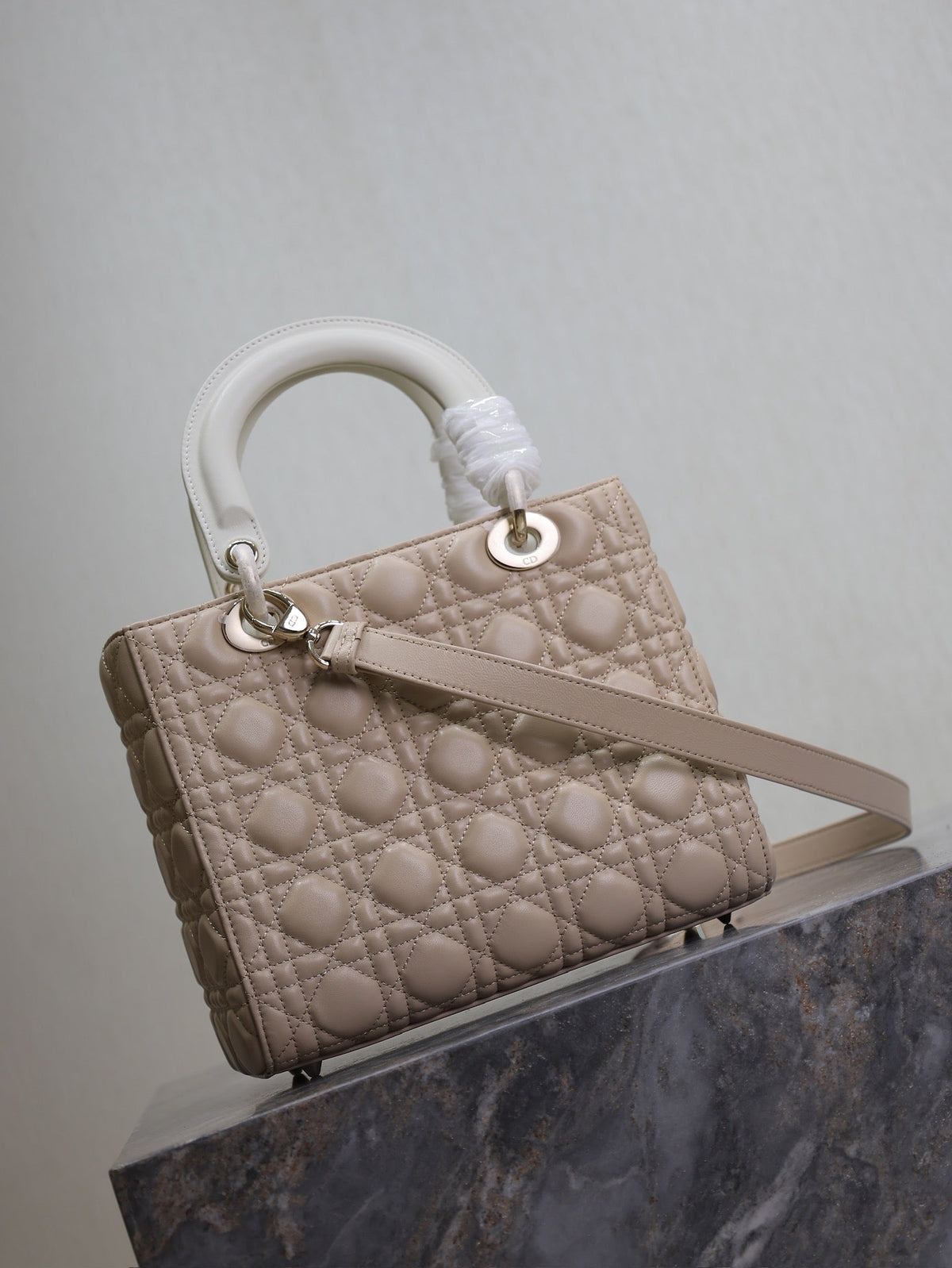 Dior Medium Lady Bag 24 in Powder Beige Quilted Macrocannage Calfskin Metal Charm