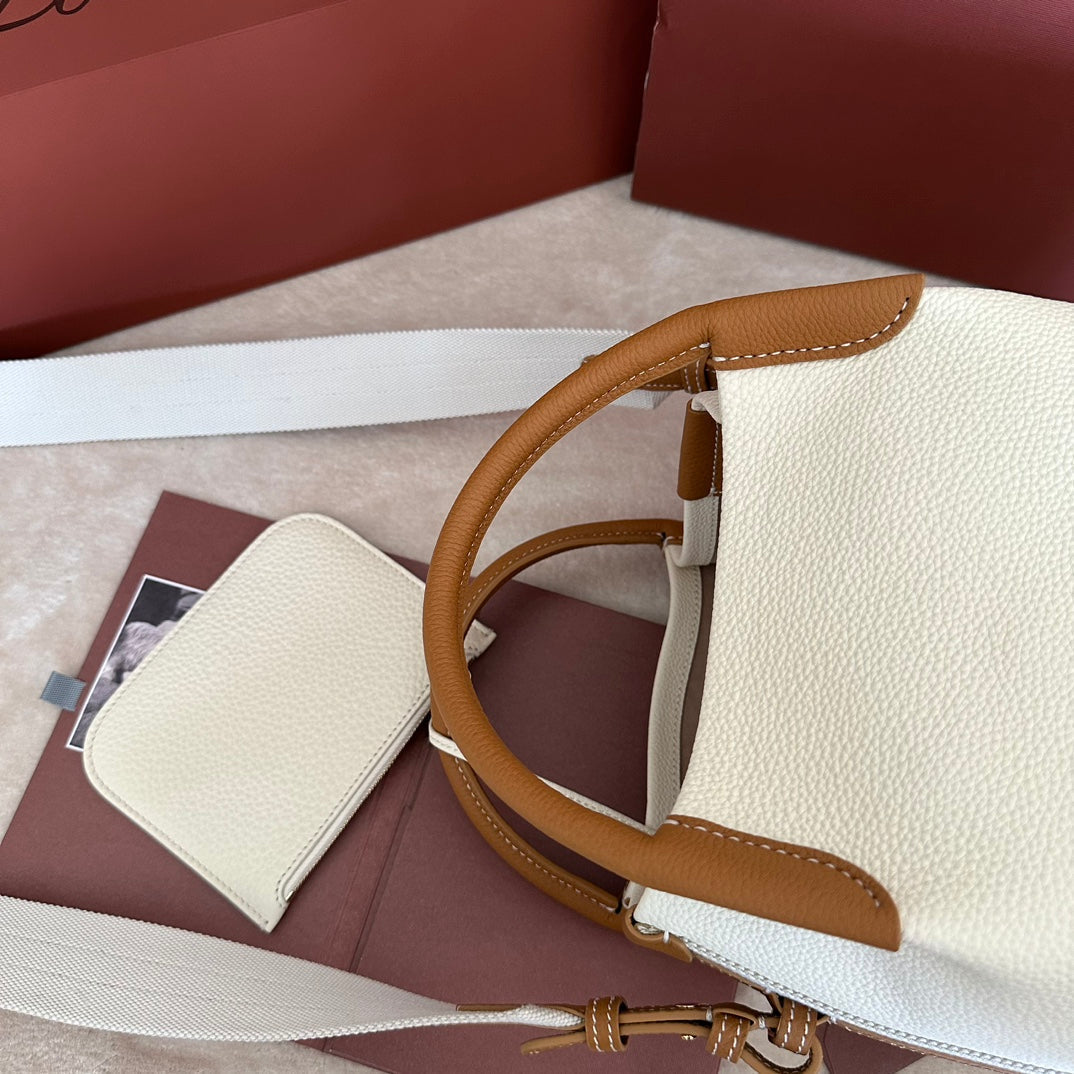 Loro Piana Small 21 Bale Bag in White Mix Bronze Brown Grained Calfskin