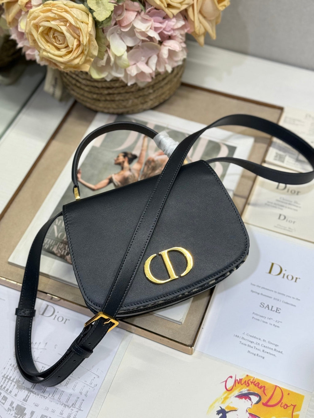 Dior Small 19 Montaigne Avenue Top Handle Bag Blue Oblique Jacquard and Black Smooth Calfskin