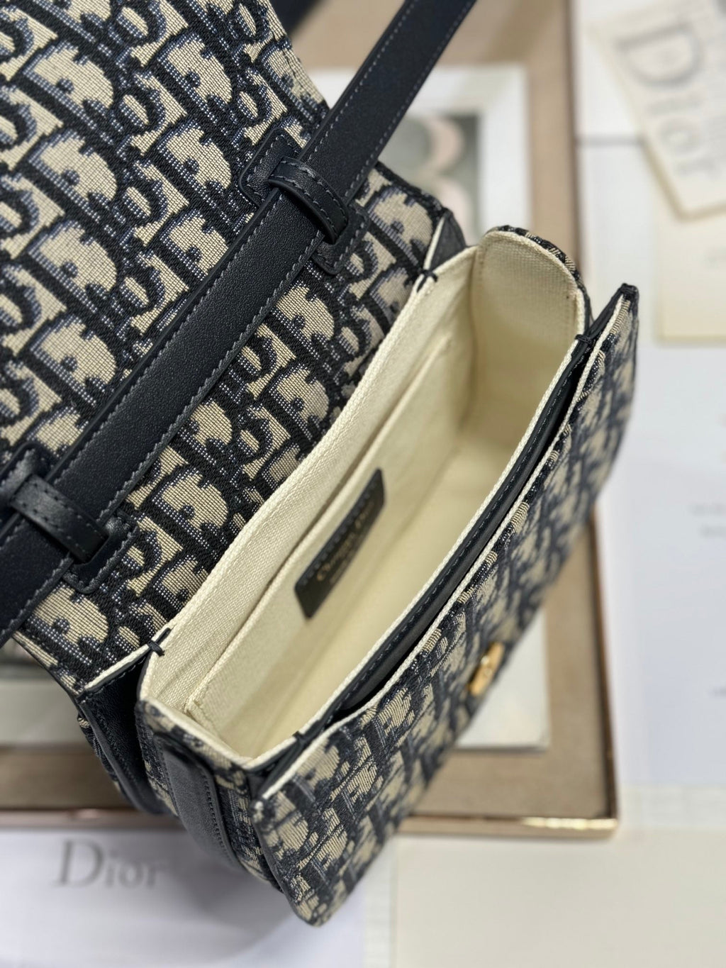 Dior Small 19 Montaigne Avenue Top Handle Bag Blue Oblique Jacquard and Black Smooth Calfskin