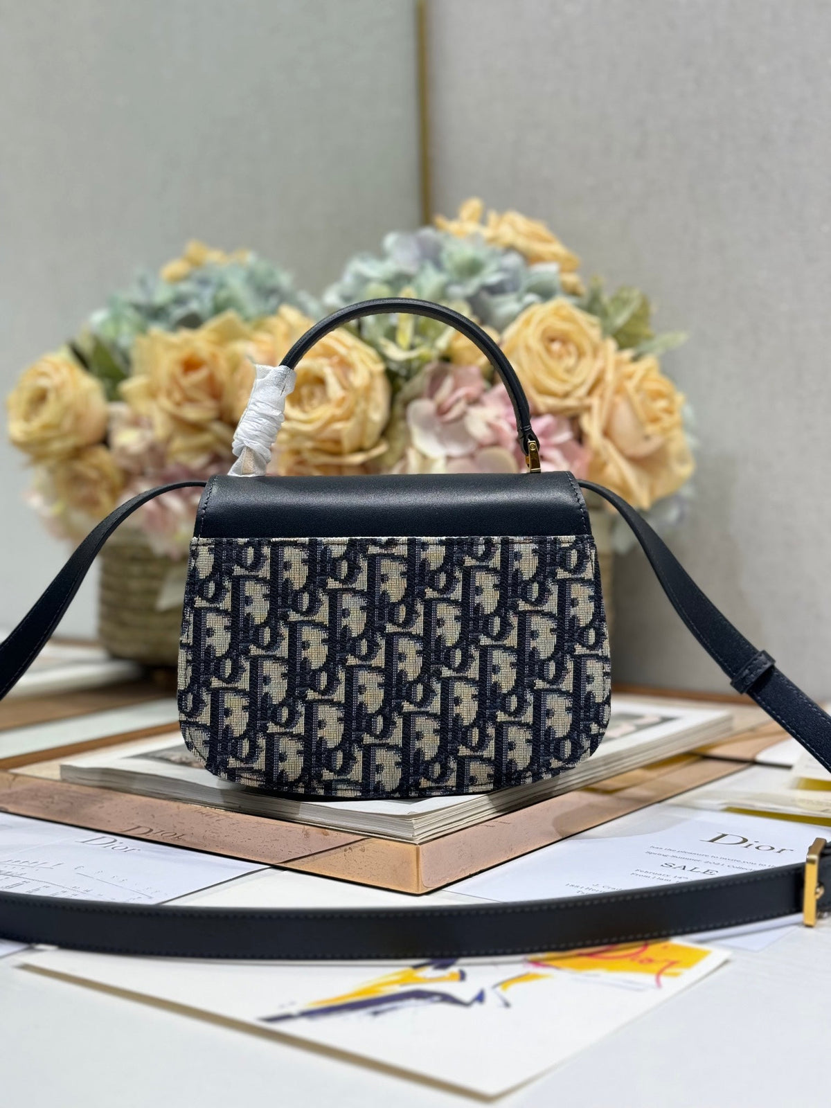 Dior Small 19 Montaigne Avenue Top Handle Bag Blue Oblique Jacquard and Black Smooth Calfskin