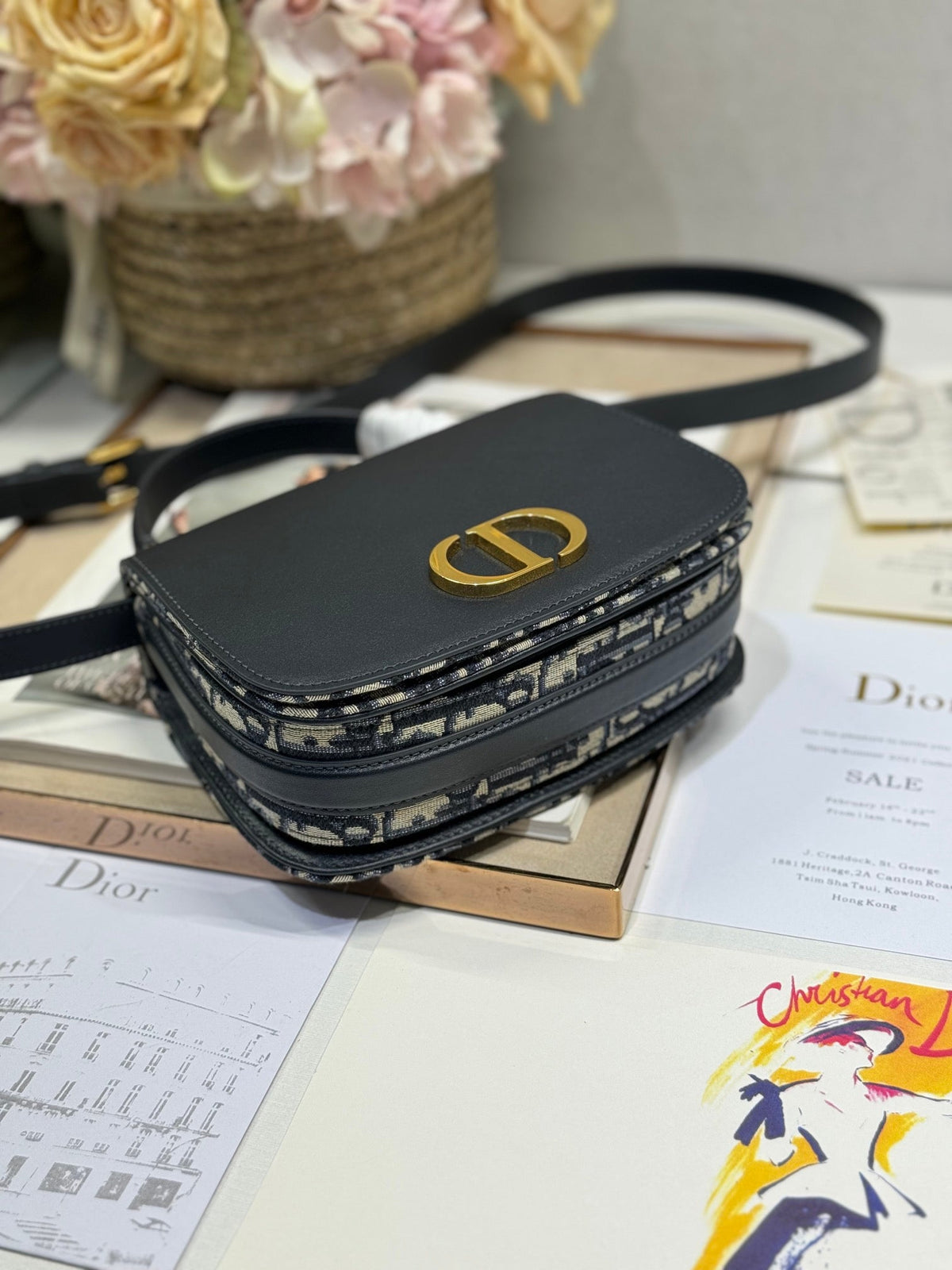 Dior Small 19 Montaigne Avenue Top Handle Bag Blue Oblique Jacquard and Black Smooth Calfskin