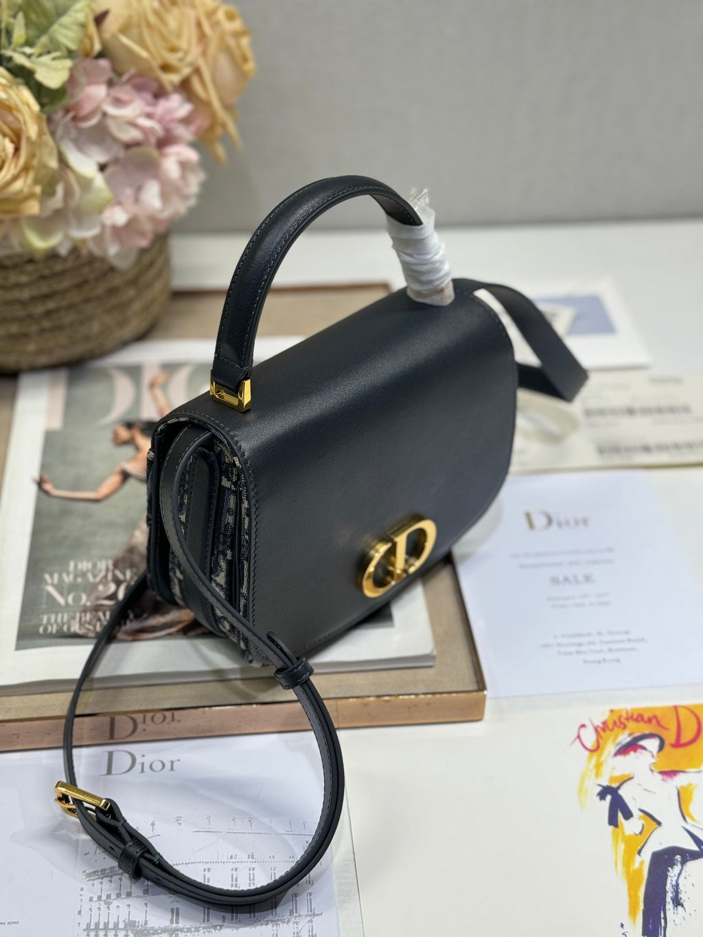 Dior Small 19 Montaigne Avenue Top Handle Bag Blue Oblique Jacquard and Black Smooth Calfskin