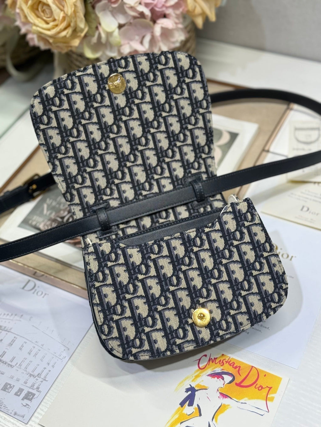 Dior Small 19 Montaigne Avenue Top Handle Bag Blue Oblique Jacquard and Black Smooth Calfskin