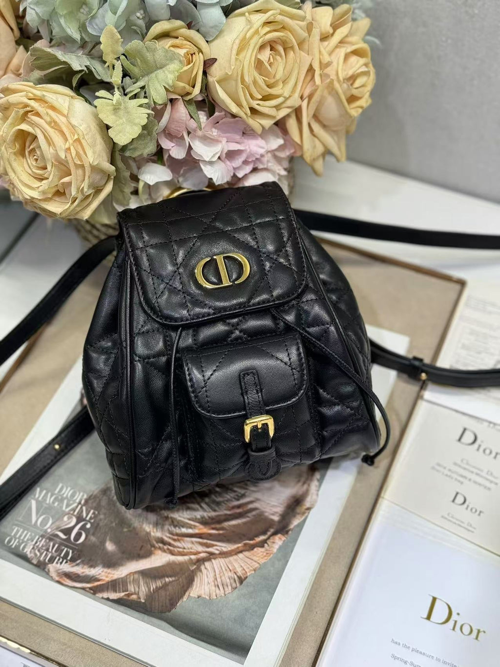Dior Small Caro Backpack 20 in Black Macrocannage Lambskin