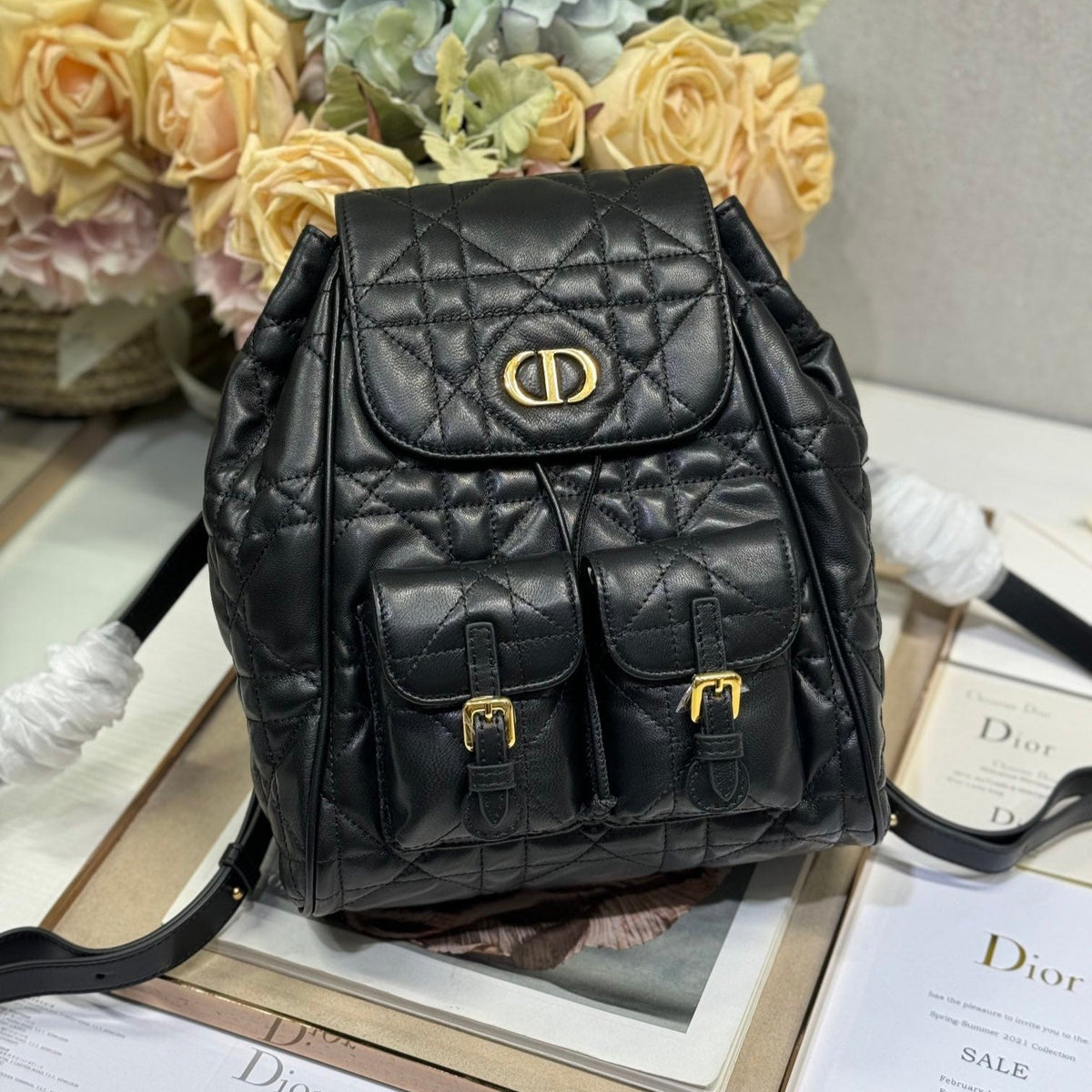 Dior Medium Caro Backpack 27 in Black Macrocannage Lambskin