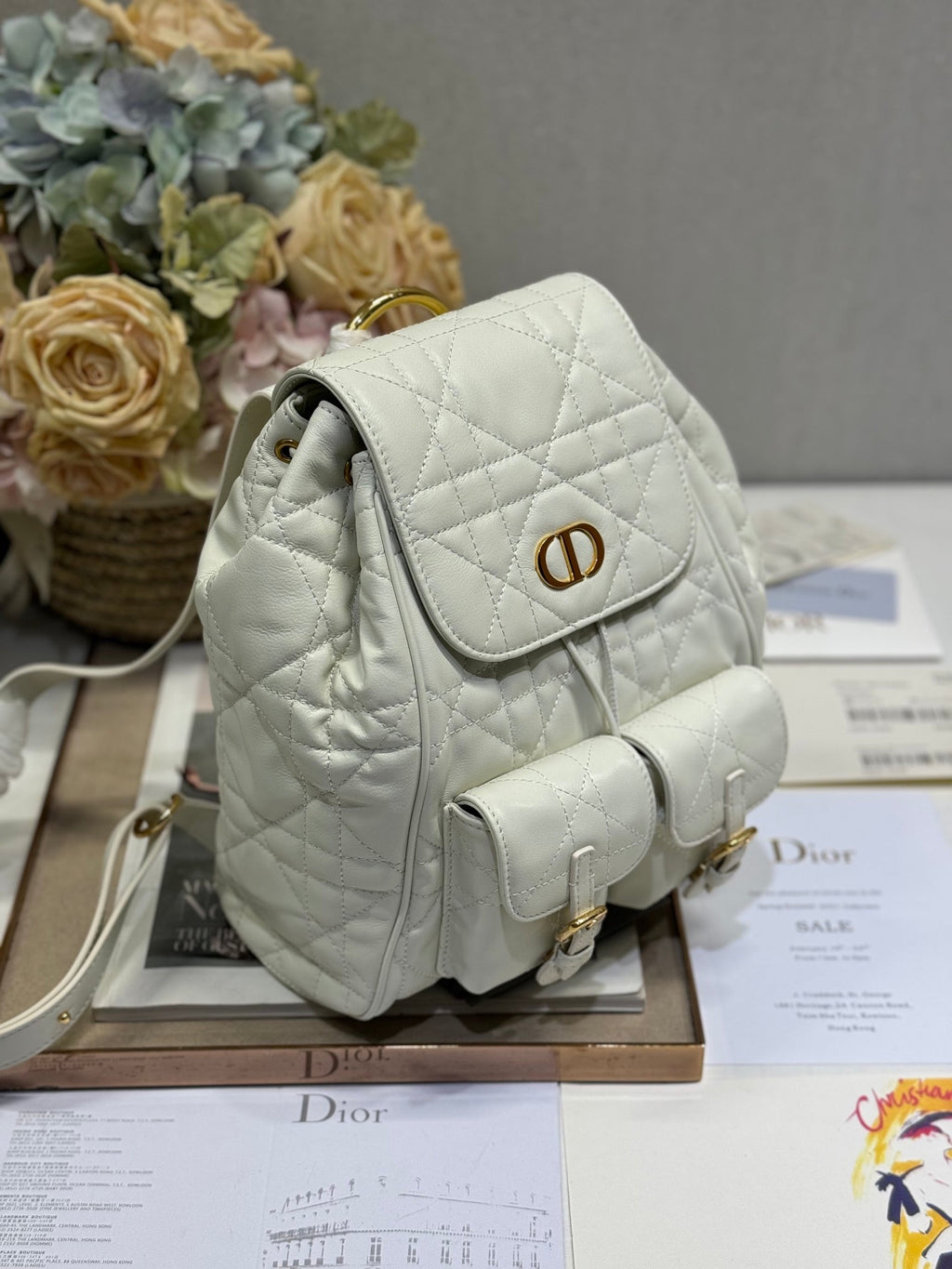 Dior Medium Caro Backpack 27 in White Macrocannage Lambskin