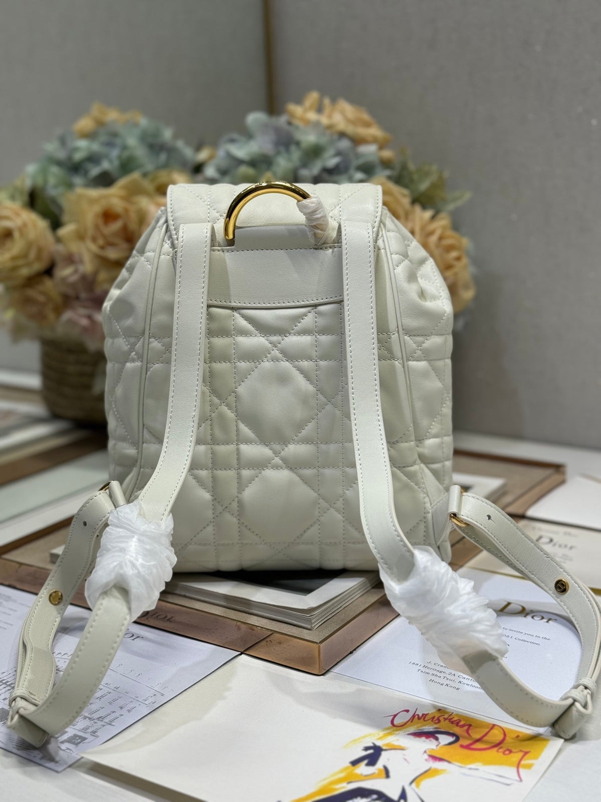 Dior Medium Caro Backpack 27 in White Macrocannage Lambskin