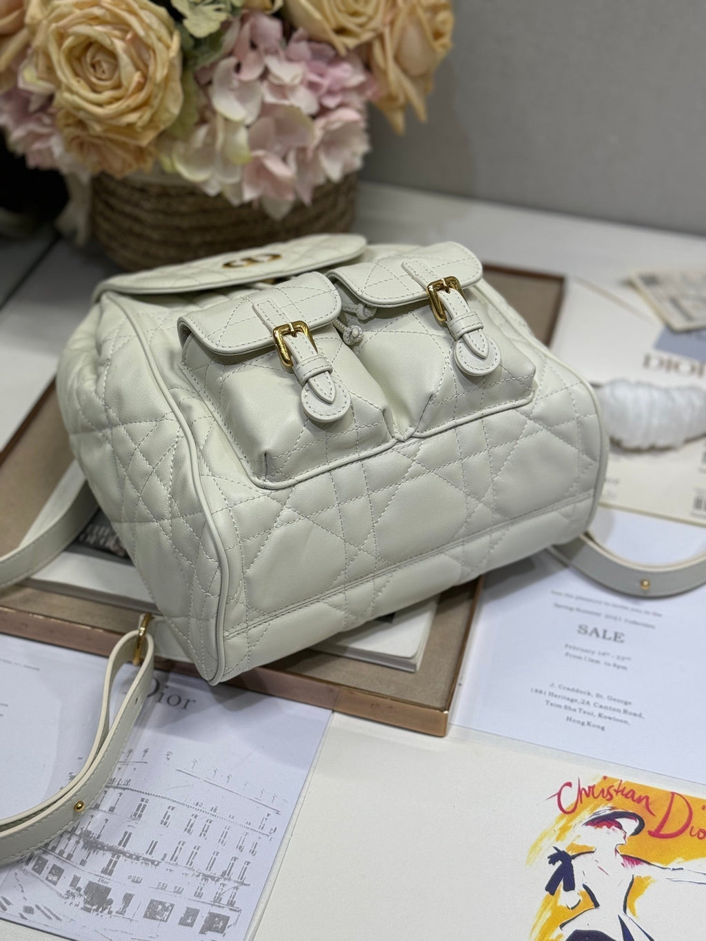 Dior Medium Caro Backpack 27 in White Macrocannage Lambskin
