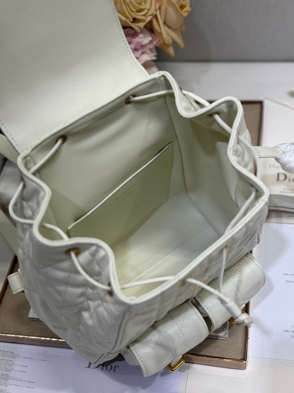 Dior Medium Caro Backpack 27 in White Macrocannage Lambskin