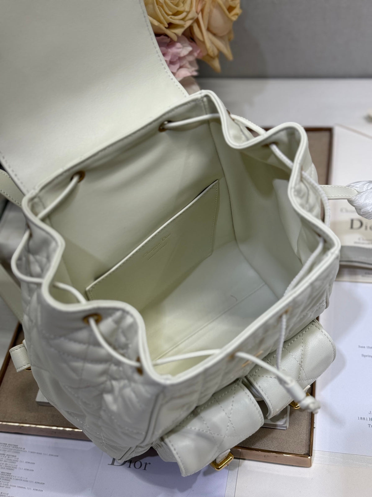 Dior Medium Caro Backpack 27 in White Macrocannage Lambskin