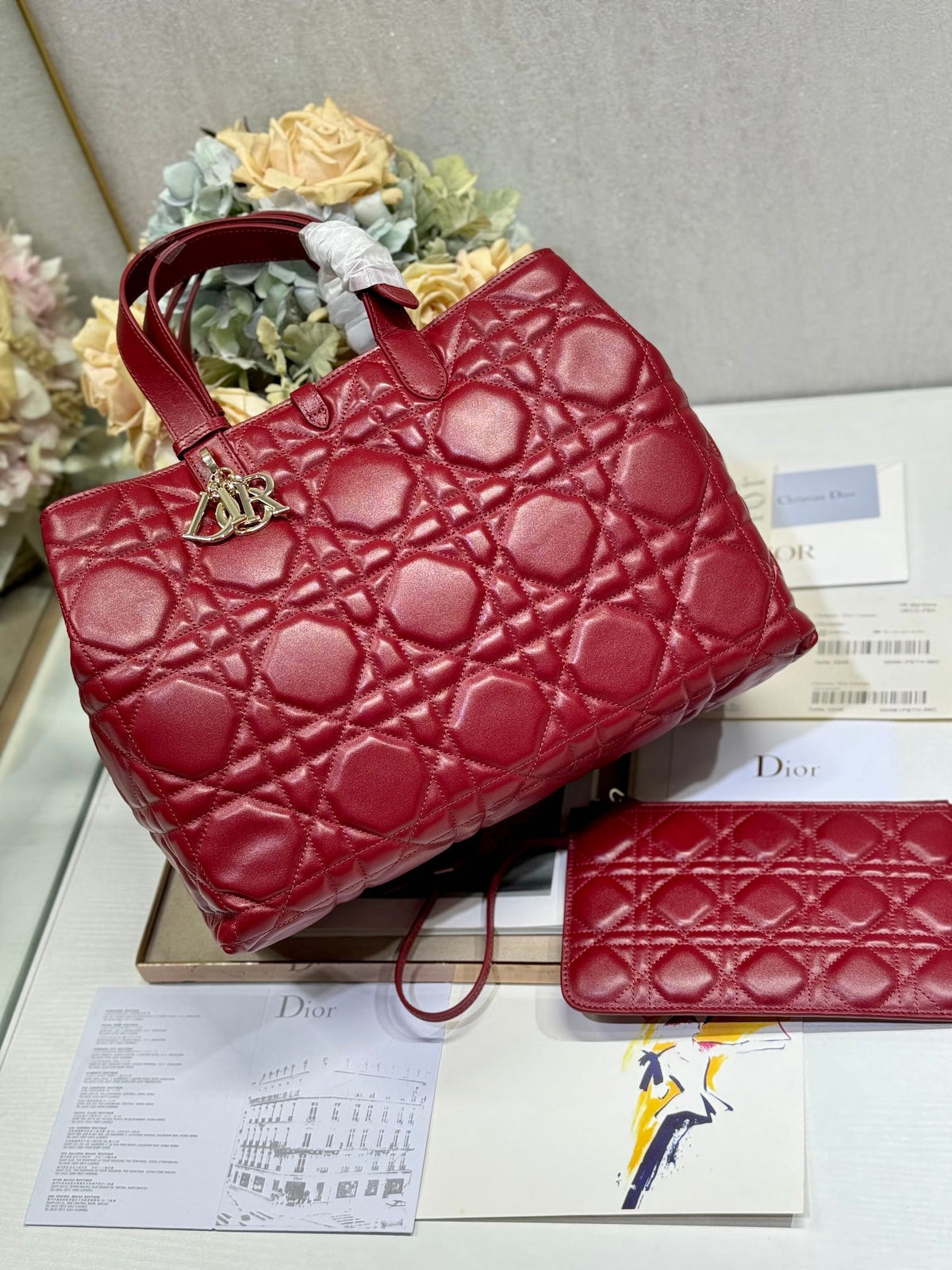 Dior Medium 37 Toujours Bag in Ruby Red Macrocannage Lambskin