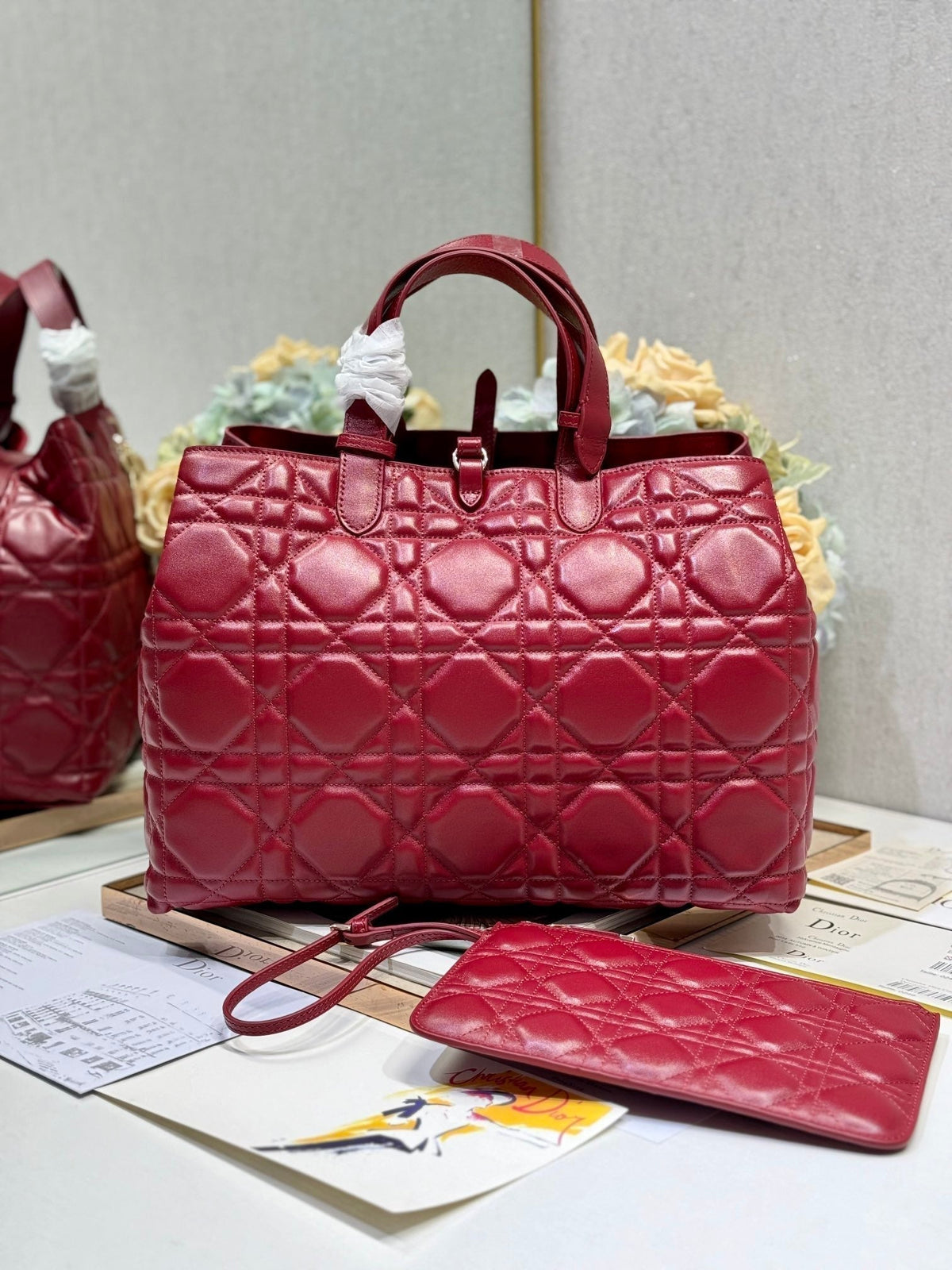 Dior Medium 37 Toujours Bag in Ruby Red Macrocannage Lambskin