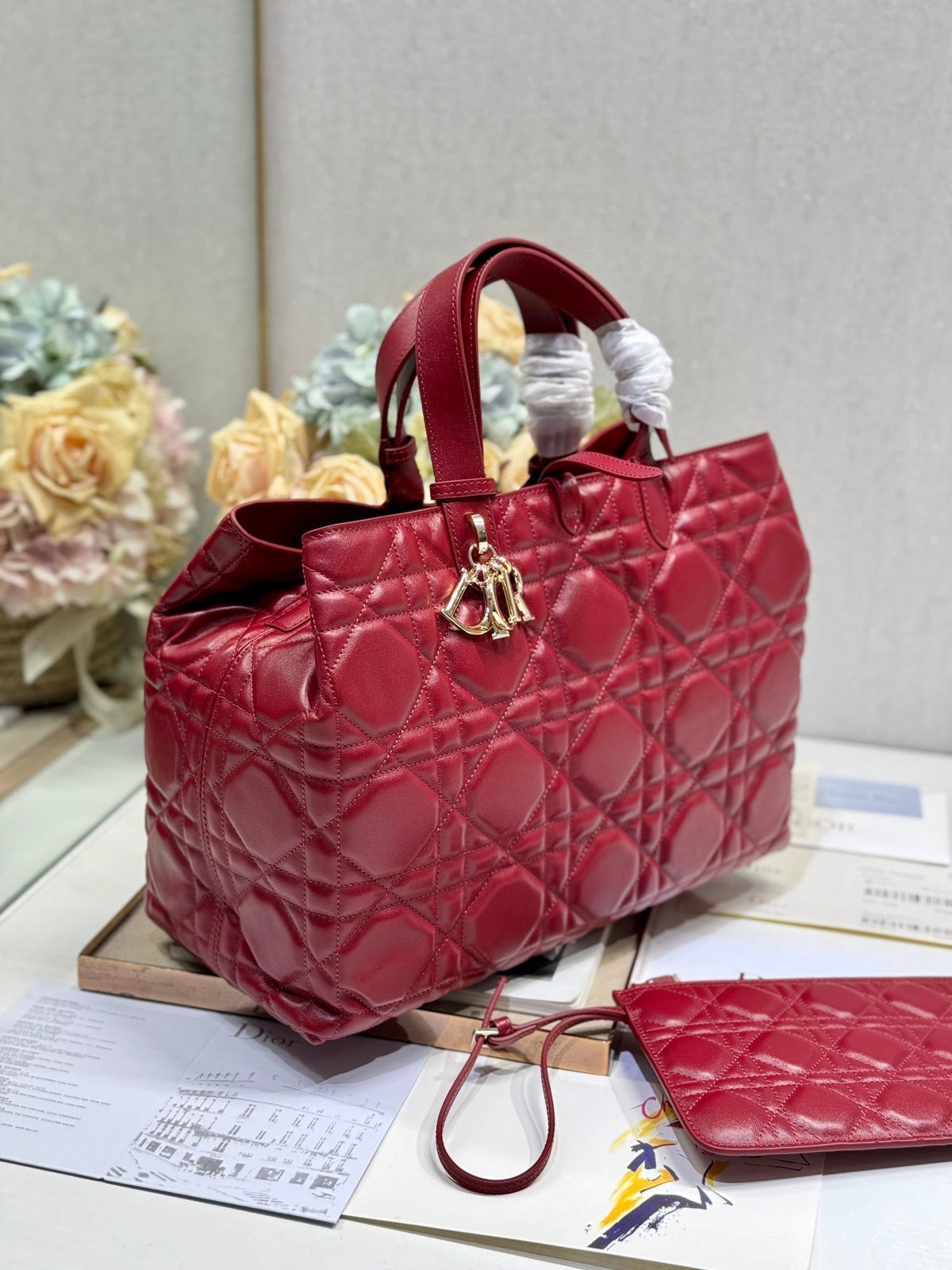 Dior Medium 37 Toujours Bag in Ruby Red Macrocannage Lambskin