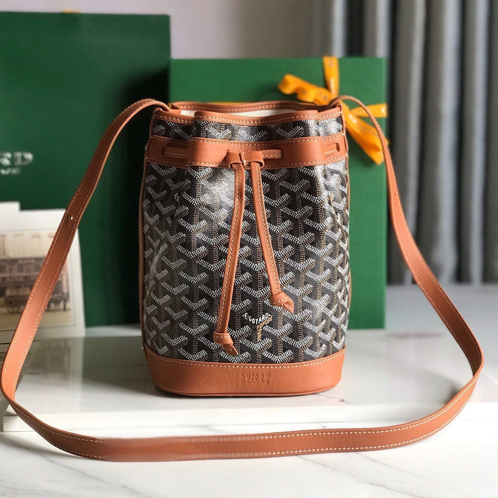 Goyard Petit Flot Bucket Bag 22 in Black Goyardine Canvas and Tan Lambskin Trim