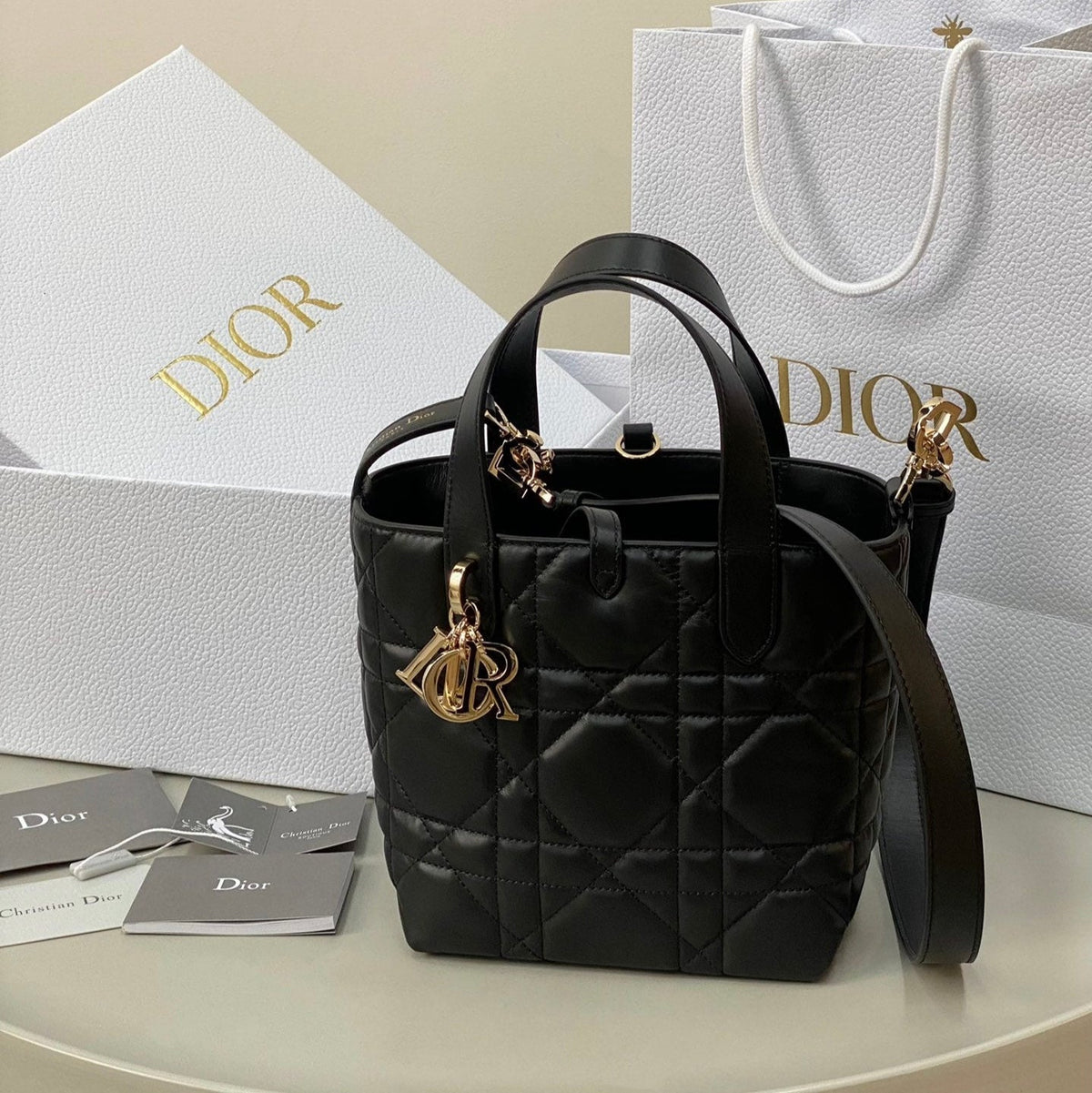 Dior Mini Toujours Bucket Bag 18 in Black Cannage Calfskin