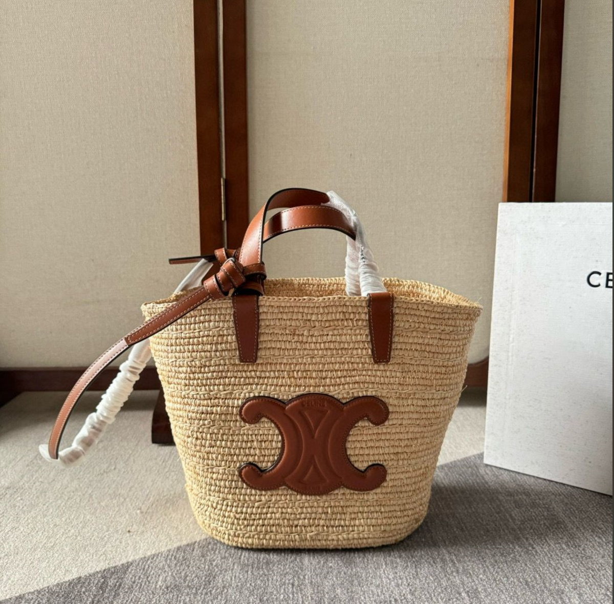 Celine Teen Supple Classic Panier in Raffia and Calfskin Tan Bag