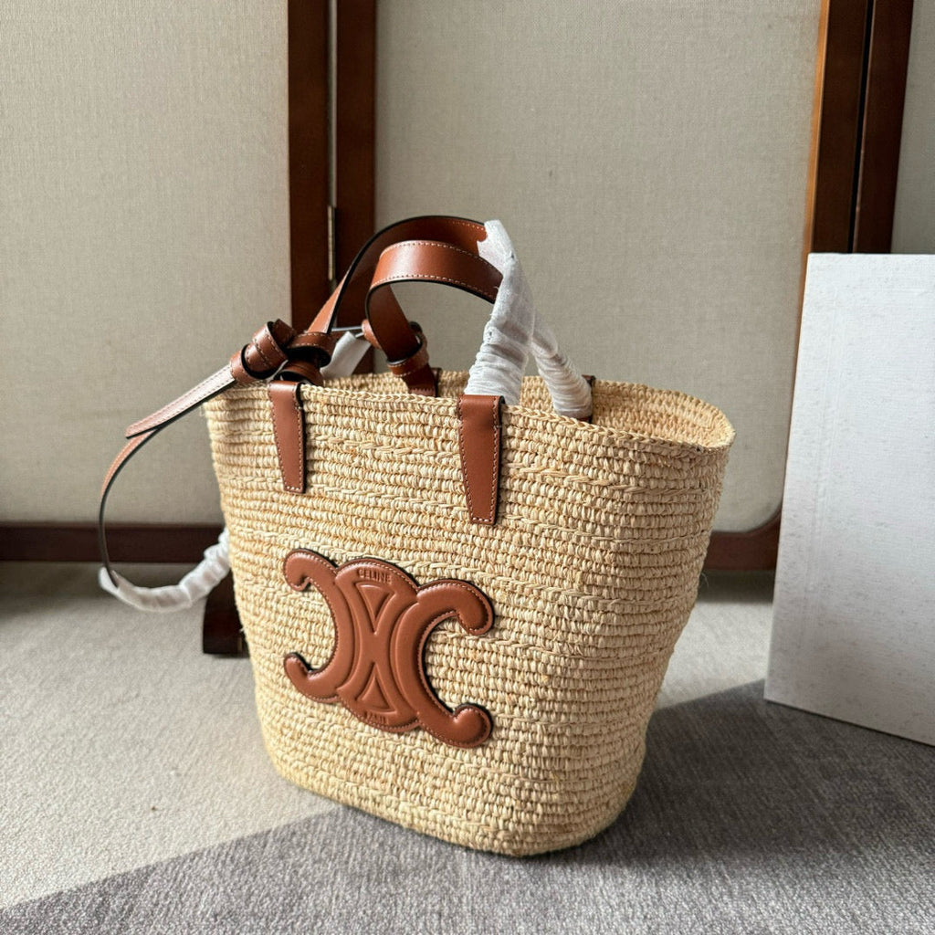 Celine Teen Supple Classic Panier in Raffia and Calfskin Tan Bag