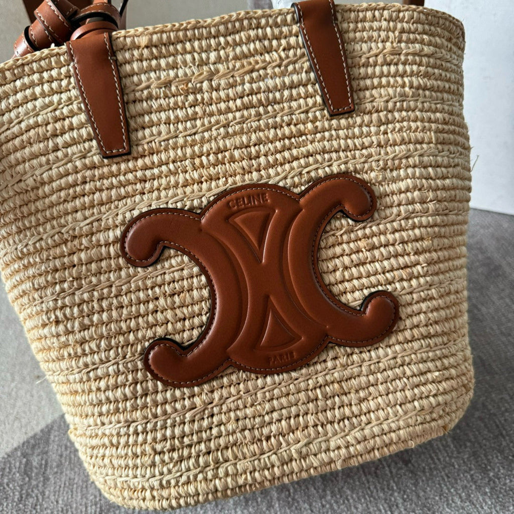 Celine Teen Supple Classic Panier in Raffia and Calfskin Tan Bag
