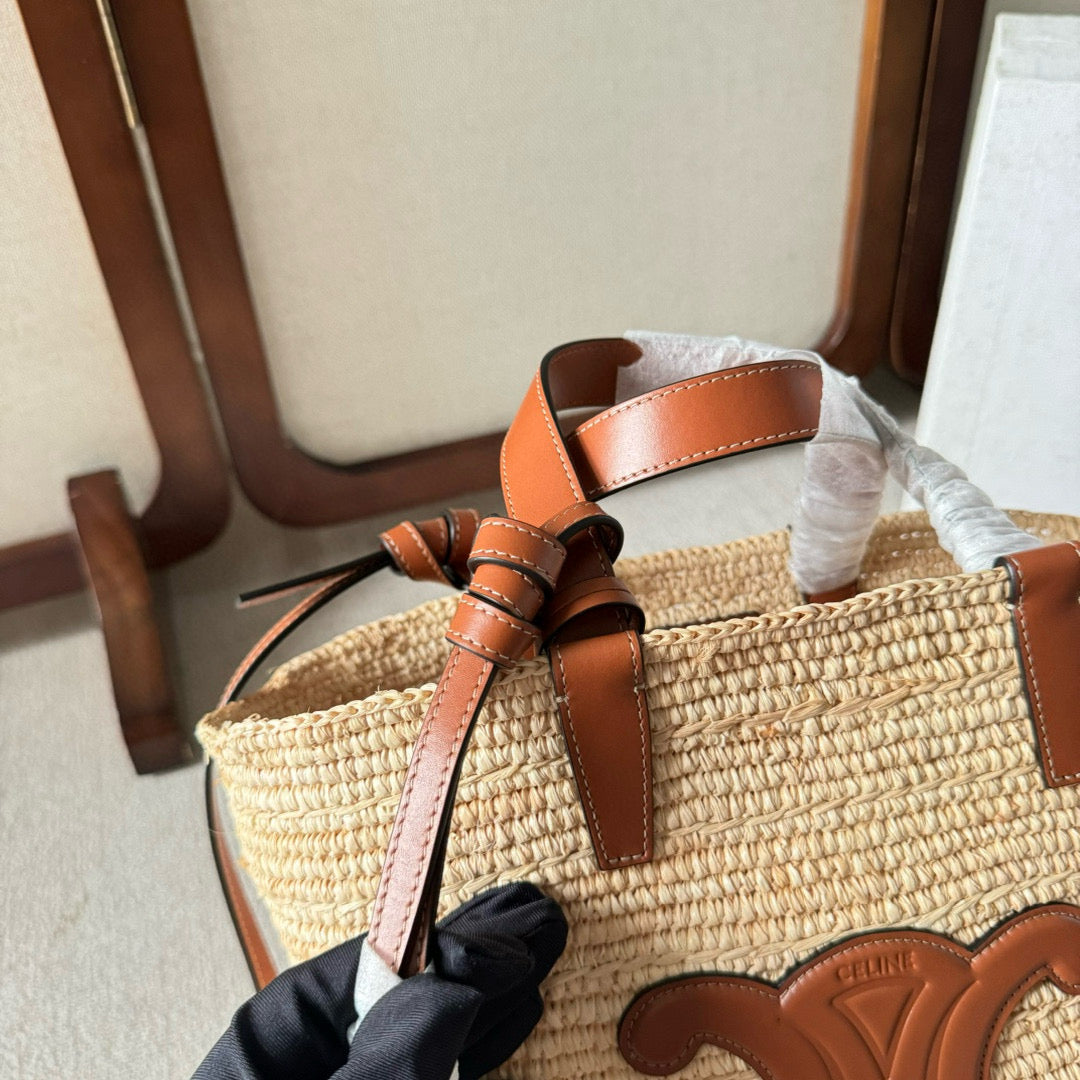 Celine Teen Supple Classic Panier in Raffia and Calfskin Tan Bag