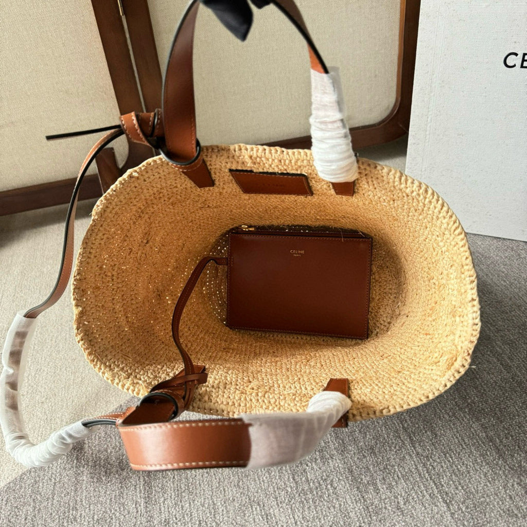 Celine Teen Supple Classic Panier in Raffia and Calfskin Tan Bag