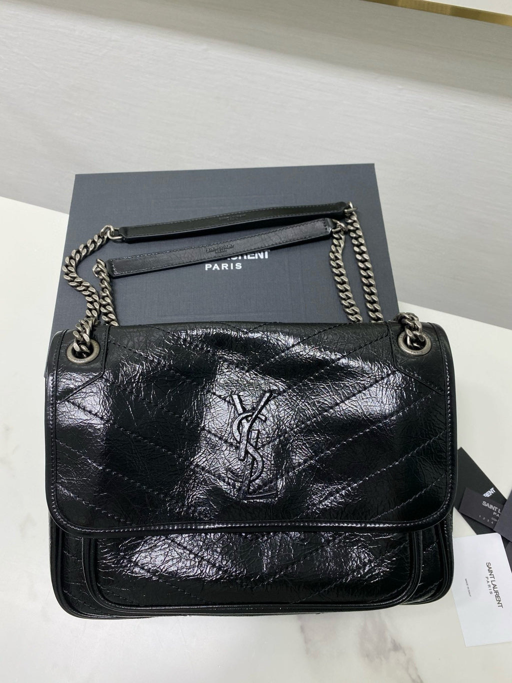 Saint Laurent Medium Niki 28 in Black Calfskin Chain Bag High-End
