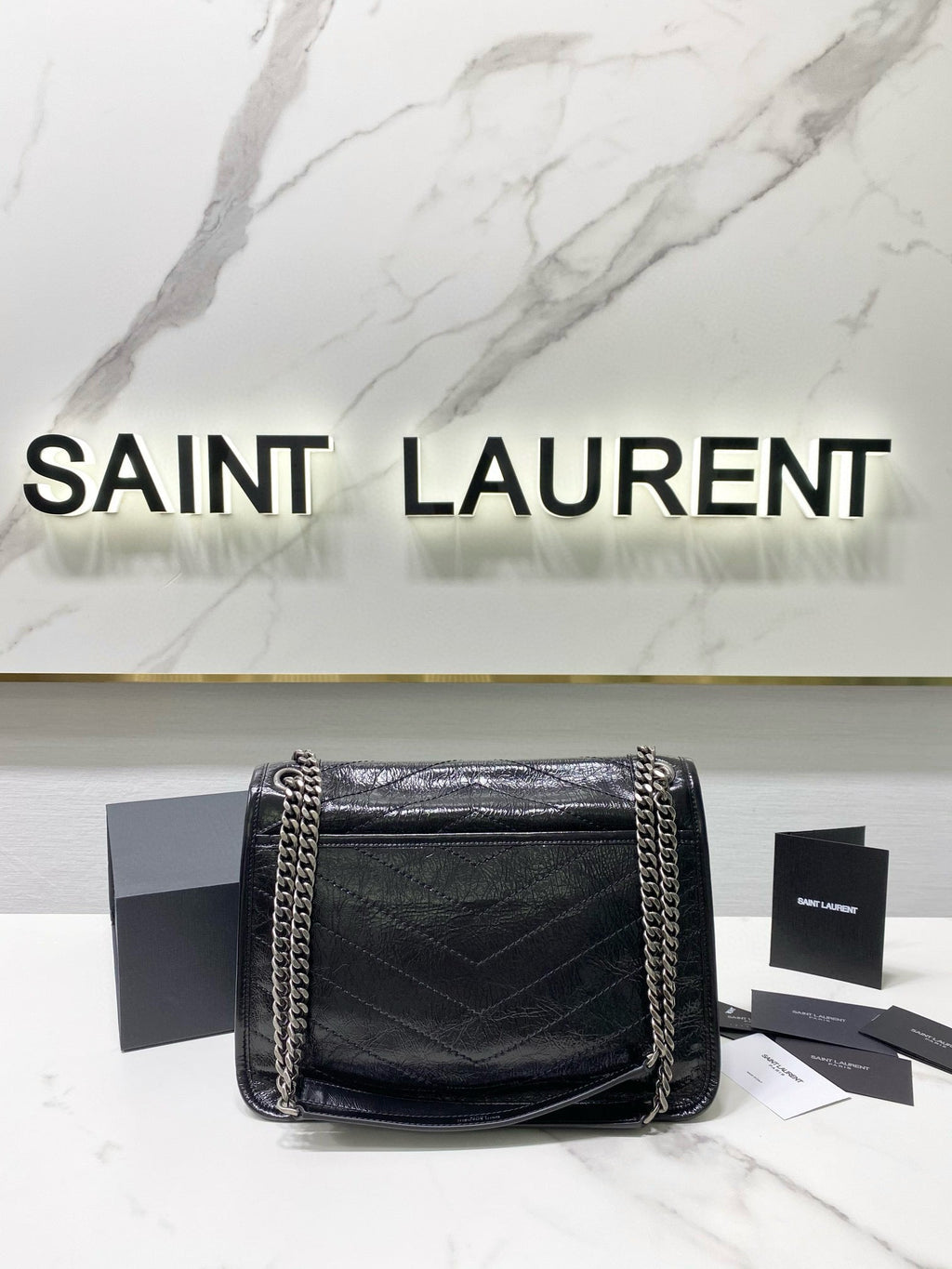 Saint Laurent Medium Niki 28 in Black Calfskin Chain Bag High-End