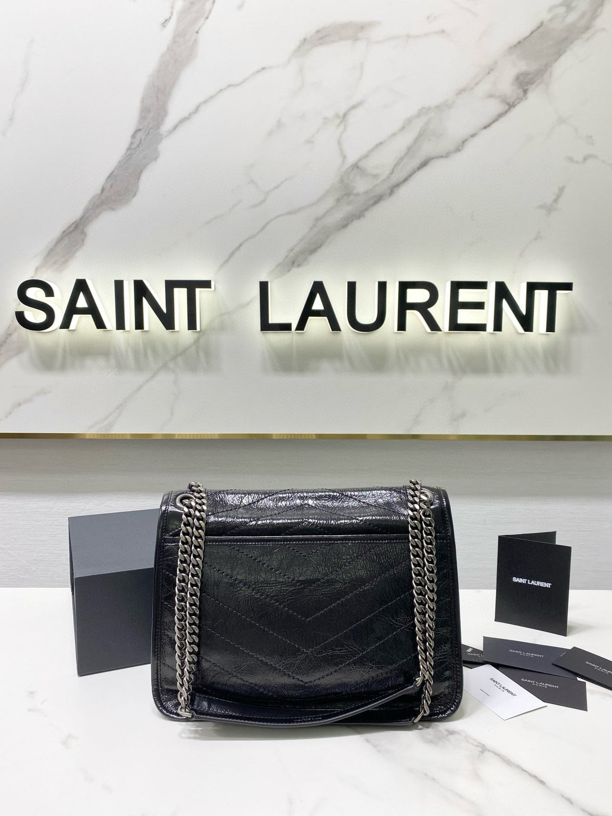 Saint Laurent Medium Niki 28 in Black Calfskin Chain Bag High-End